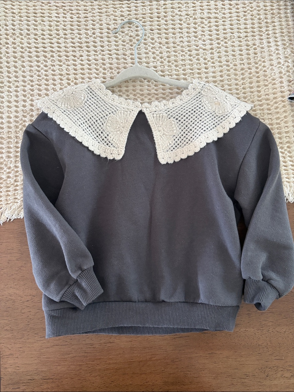 Zara Charcoal Sweater with Crochet Cream Collar